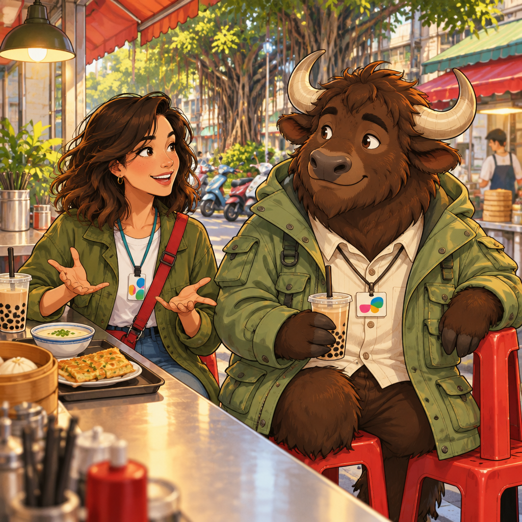 Maya greets Ali with a friendly gesture while Ali relaxes beside the counter.