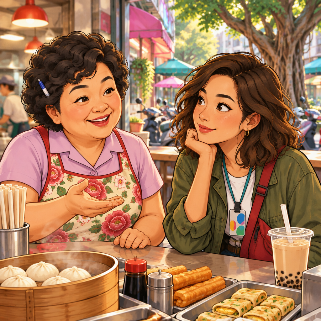 Lin gently explains a point to Maya with a teacherly gesture as Maya listens attentively.