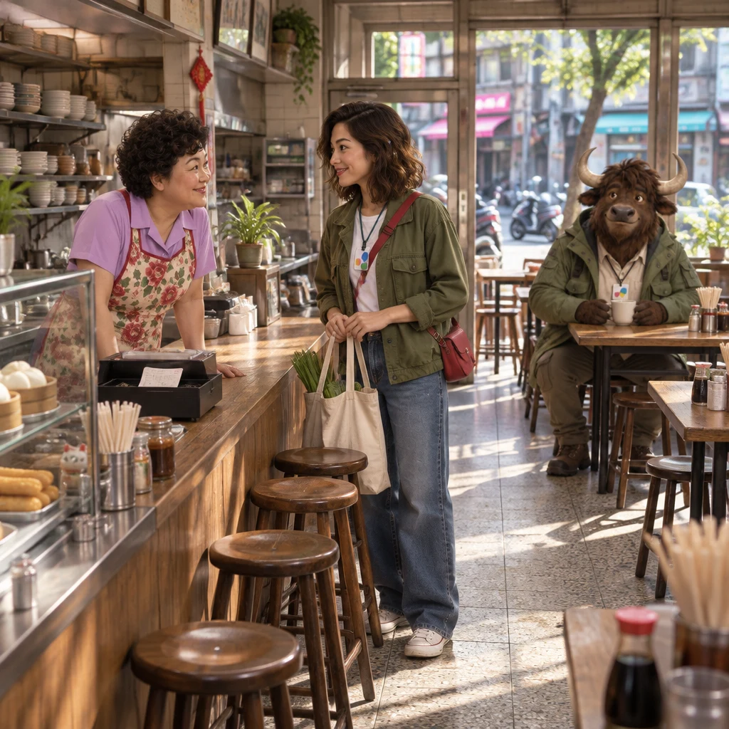 At Banyan Breakfast, Auntie Lin checks in with Maya while A-Li the yak listens from the back table beside unfinished soy milk.