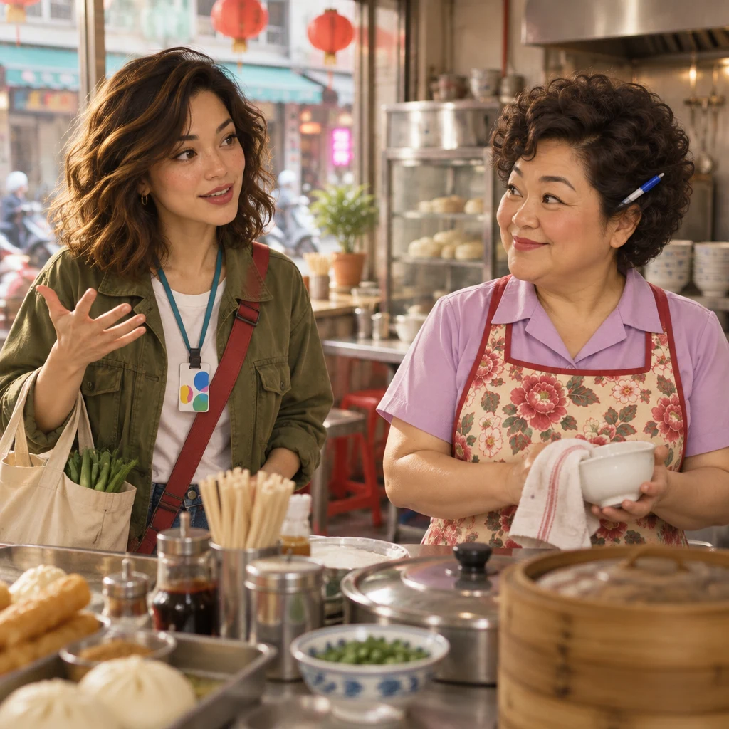 Maya tells Auntie Lin about a trip to the market, a market tote hanging from Maya's arm.
