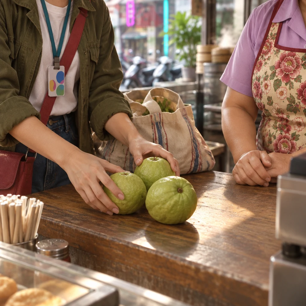 Maya reports buying guavas as three guavas sit on the counter.