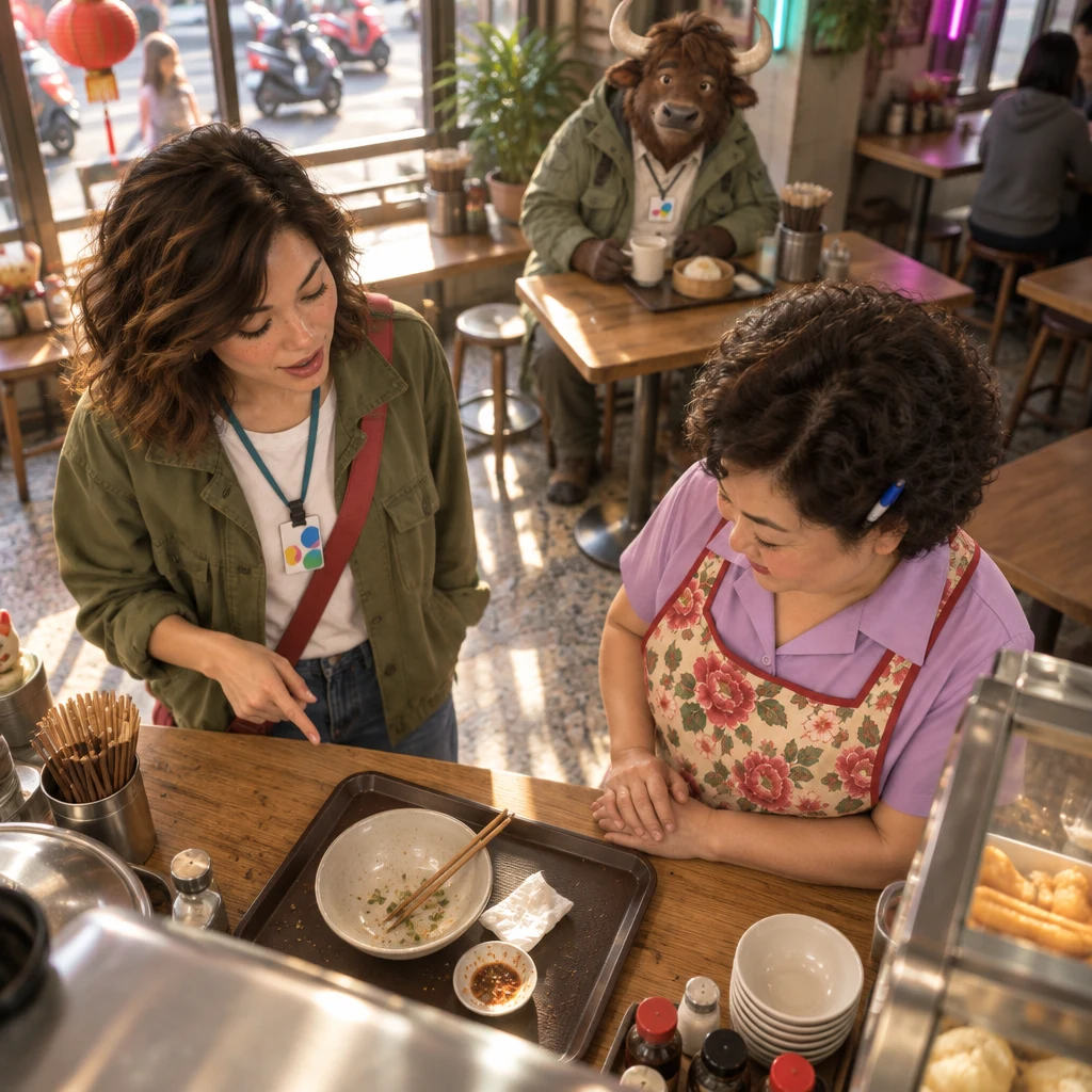 Maya tells Auntie Lin about eating breakfast beside a tray with the remains of a finished meal.