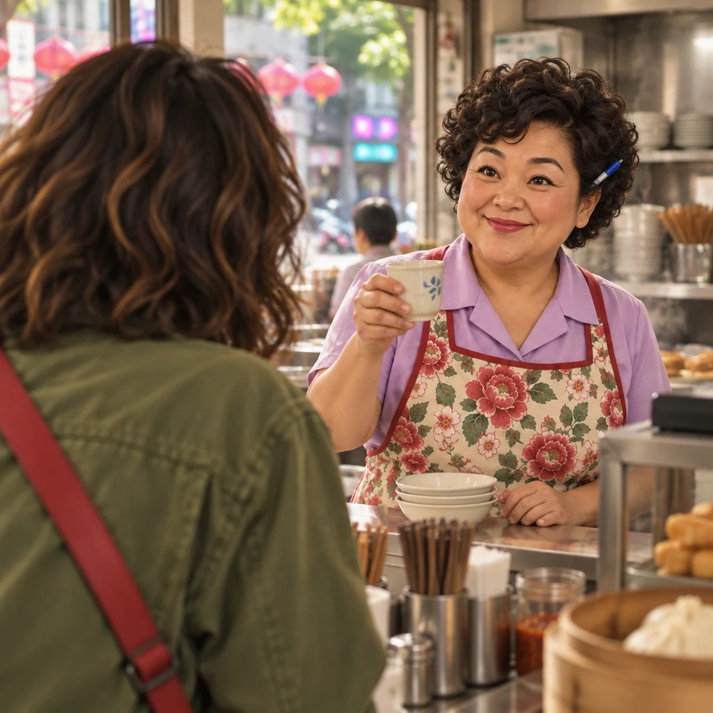 Maya asks Auntie Lin whether Auntie Lin has eaten, and Auntie Lin nods.