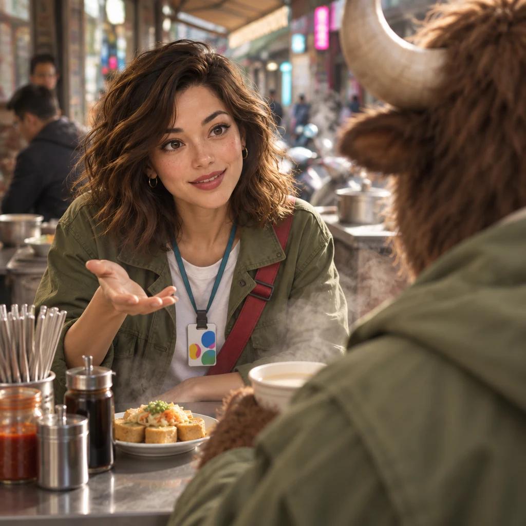 Maya asks A-Li whether he has ever eaten stinky tofu as he listens across the table.