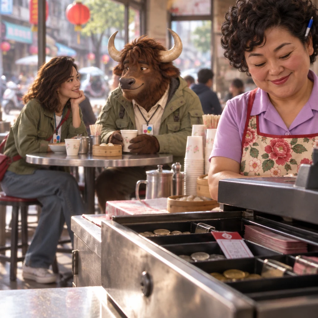 A folded fortune slip rests in the till while Maya asks A-Li whether he has been to this breakfast shop before.