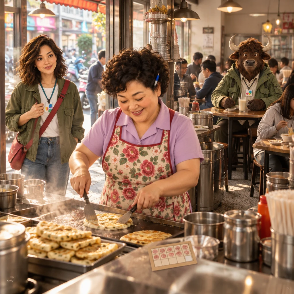 Maya arrives at the busy breakfast shop as Auntie Lin already prepares the regular meal, with a stamp card on the counter and A-Li at the back table with unfinished soy milk.
