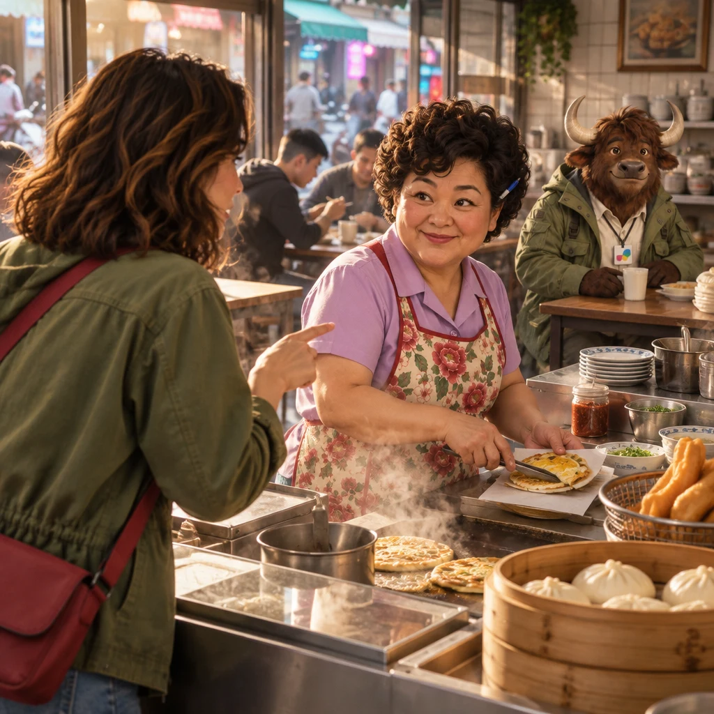 Maya leans in and gestures toward the counter to order the usual while Auntie Lin prepares it and A-Li sits at the back with unfinished soy milk.