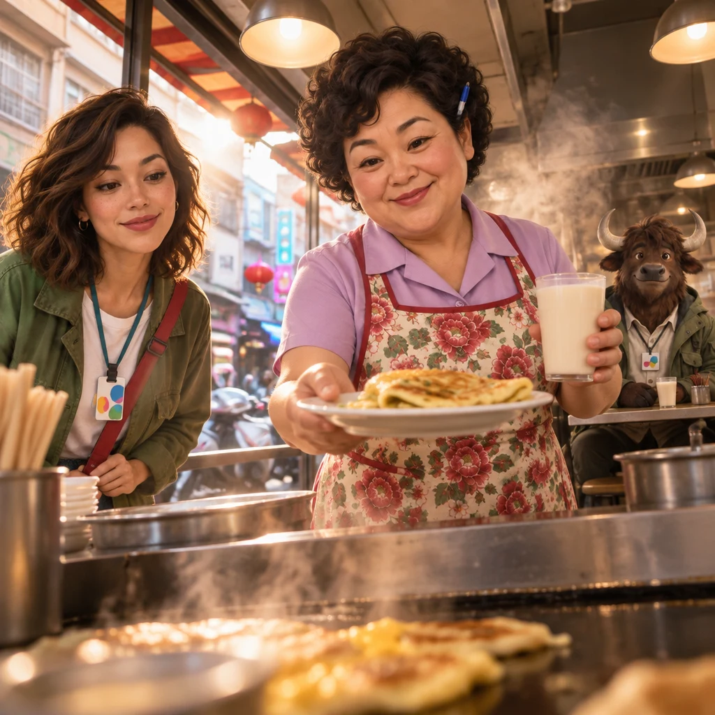 Auntie Lin turns from the cooking area holding Maya's familiar breakfast while Maya waits at the counter and A-Li remains at the back table.