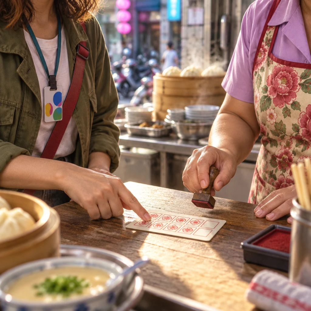 Maya points at the stamp card on the counter, showing the last empty stamp space, while Auntie Lin's hand waits nearby.