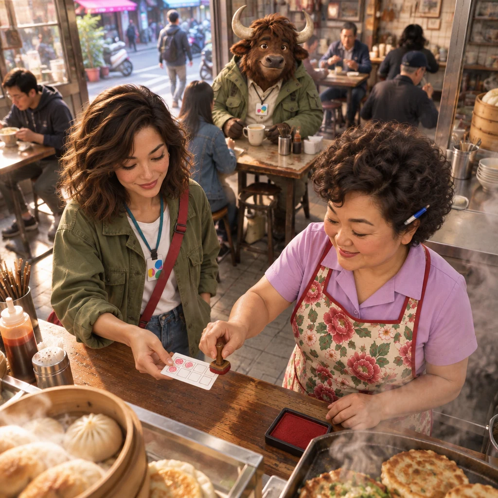 Maya holds out the stamp card for Auntie Lin to stamp while A-Li sits at the back table with unfinished soy milk.
