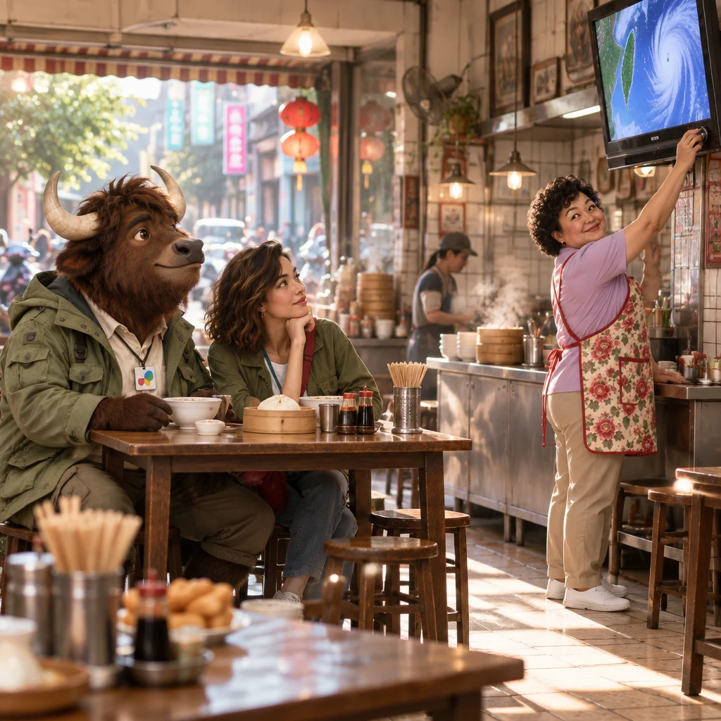At Banyan Breakfast, Auntie Lin turns up the television volume as Maya and A-Li look toward a swirling cloud on the screen.