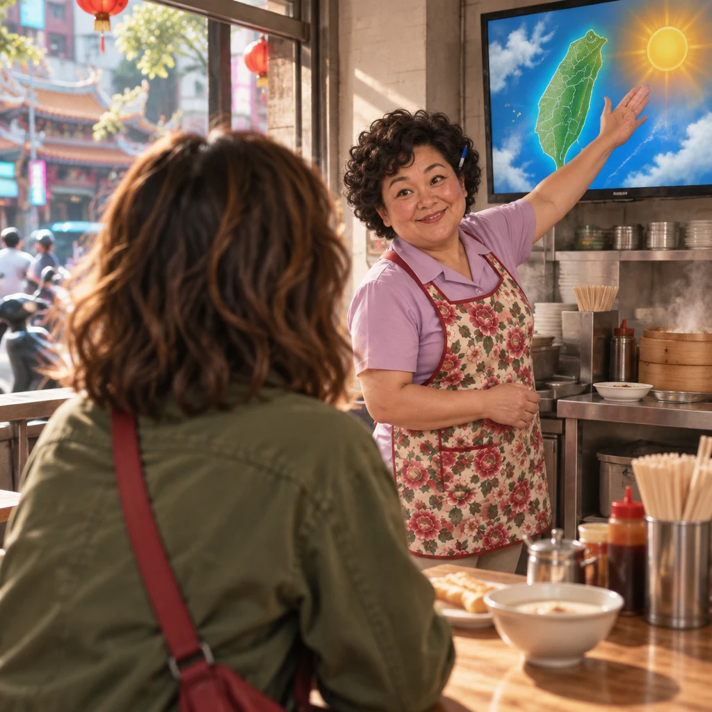 Auntie Lin gestures toward a sun-and-heat image on the television while Maya watches from the table.