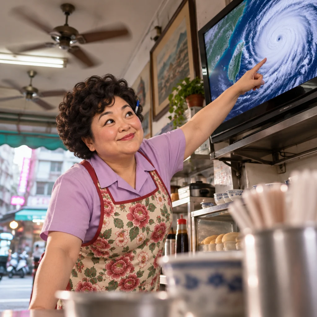 Auntie Lin leans toward the television and points out its large swirling storm image.