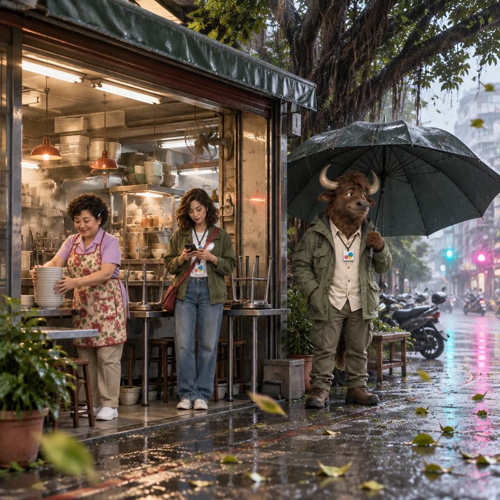 Auntie Lin closes the breakfast shop early while Maya checks the news and A-Li waits with a huge umbrella.