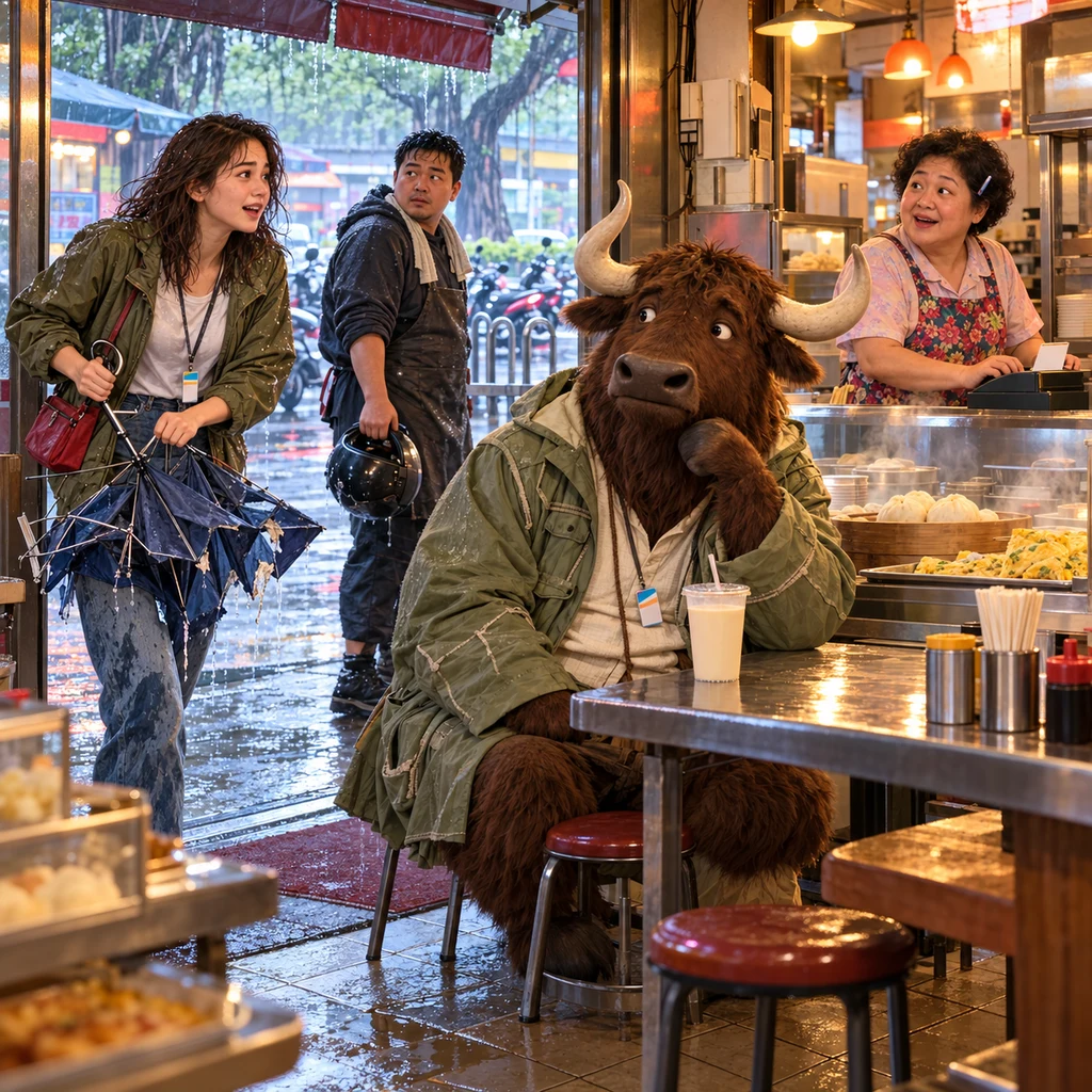 A wet Taipei breakfast shop after a storm: Maya in the doorway with a ruined umbrella, Auntie Lin at the counter, a yak on two stools in an inside-out raincoat with untouched soy milk, and A-Jie arriving from the lane.