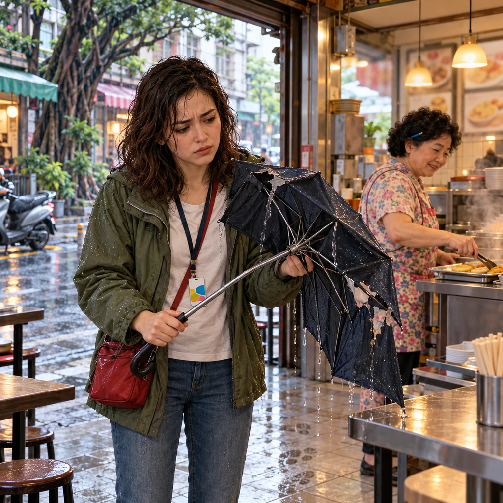 Maya holds up a wind-wrecked umbrella just inside the breakfast shop while Auntie Lin works the trays behind her.