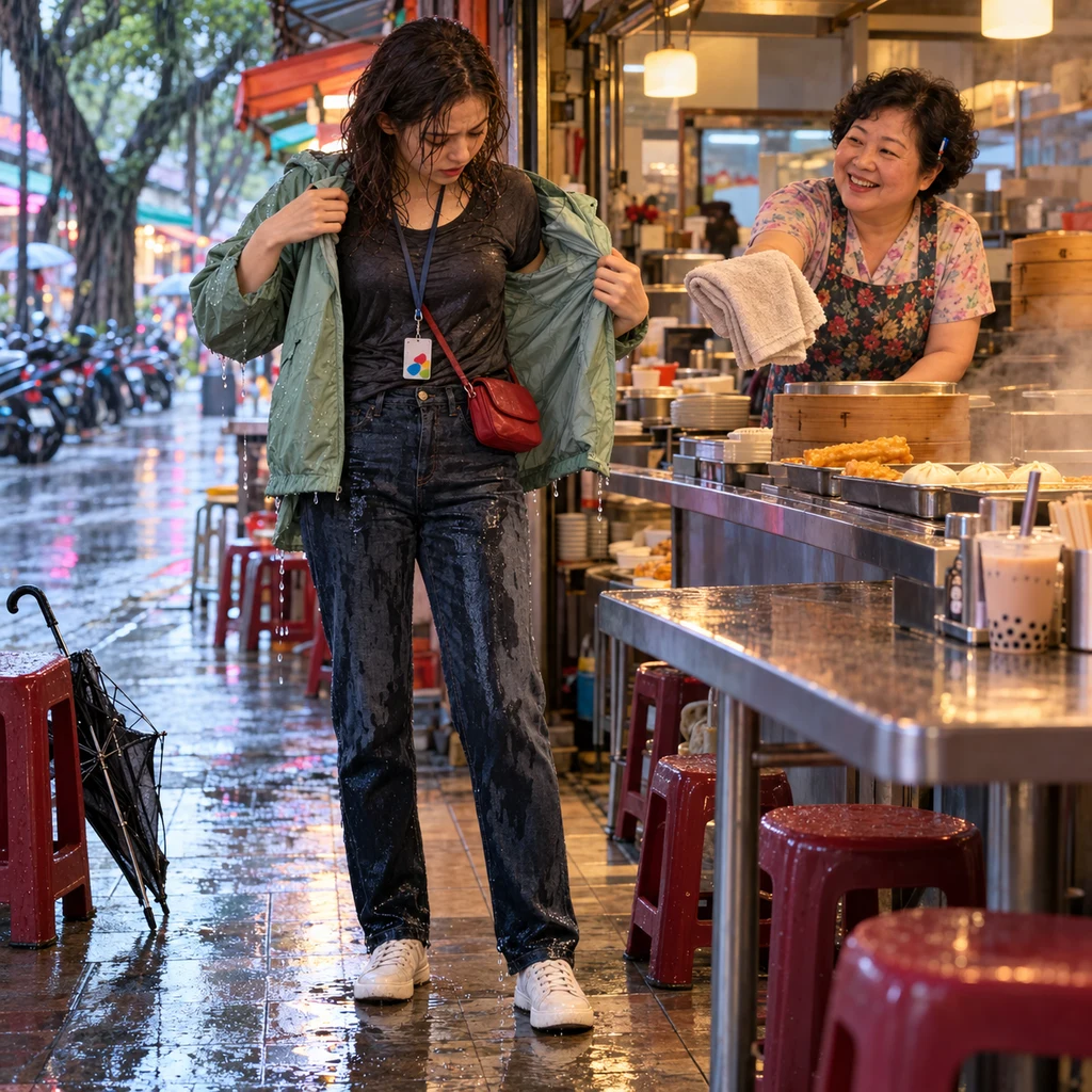 Maya looks down at her rain-soaked clothes and pulls the wet jacket off her shirt while Lin offers a towel.