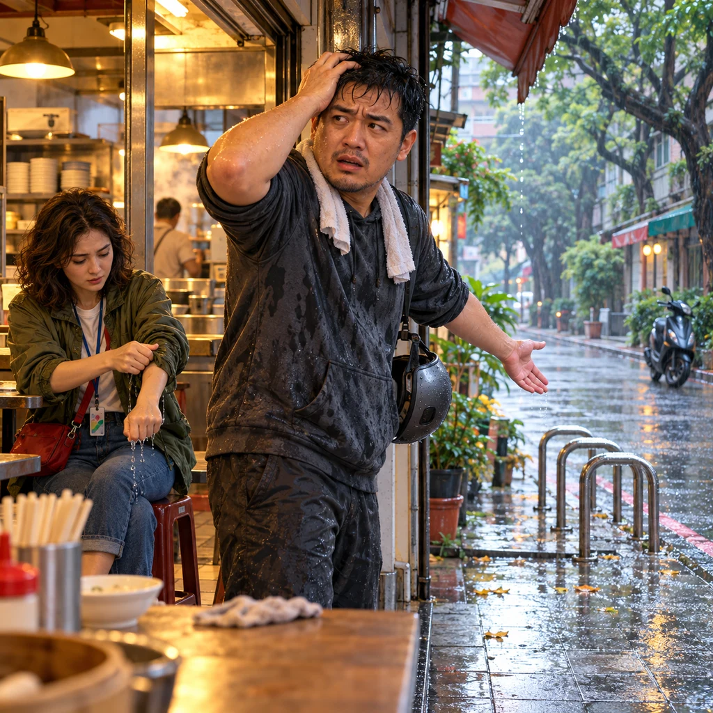 A-Jie stands in the shop doorway pointing back at an empty wet bike rack where his bicycle is gone.
