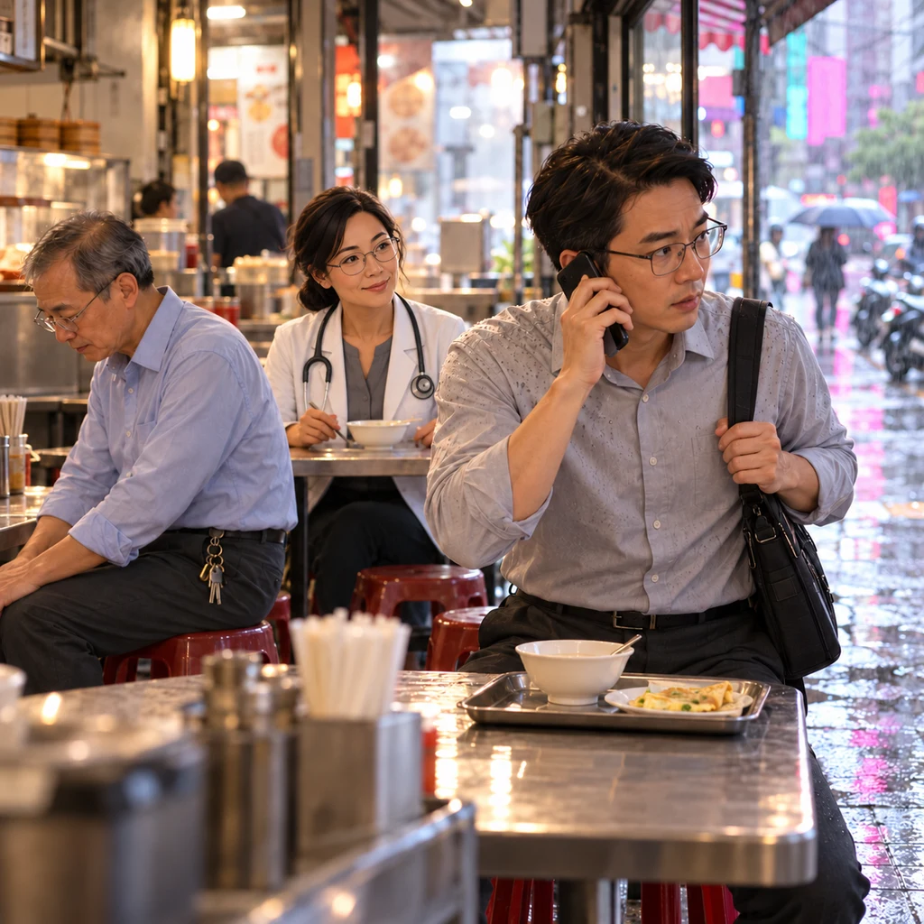 Chen half-stands from a breakfast stool, phone in hand and bag on his shoulder, pulled away to a meeting.