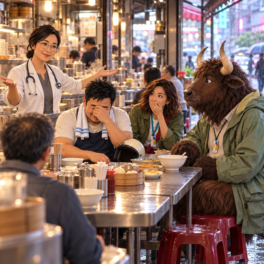 Auntie Lin at the counter opens her hands to the whole shop while Maya, A-Jie, and the yak on two stools all react that the news has spread.