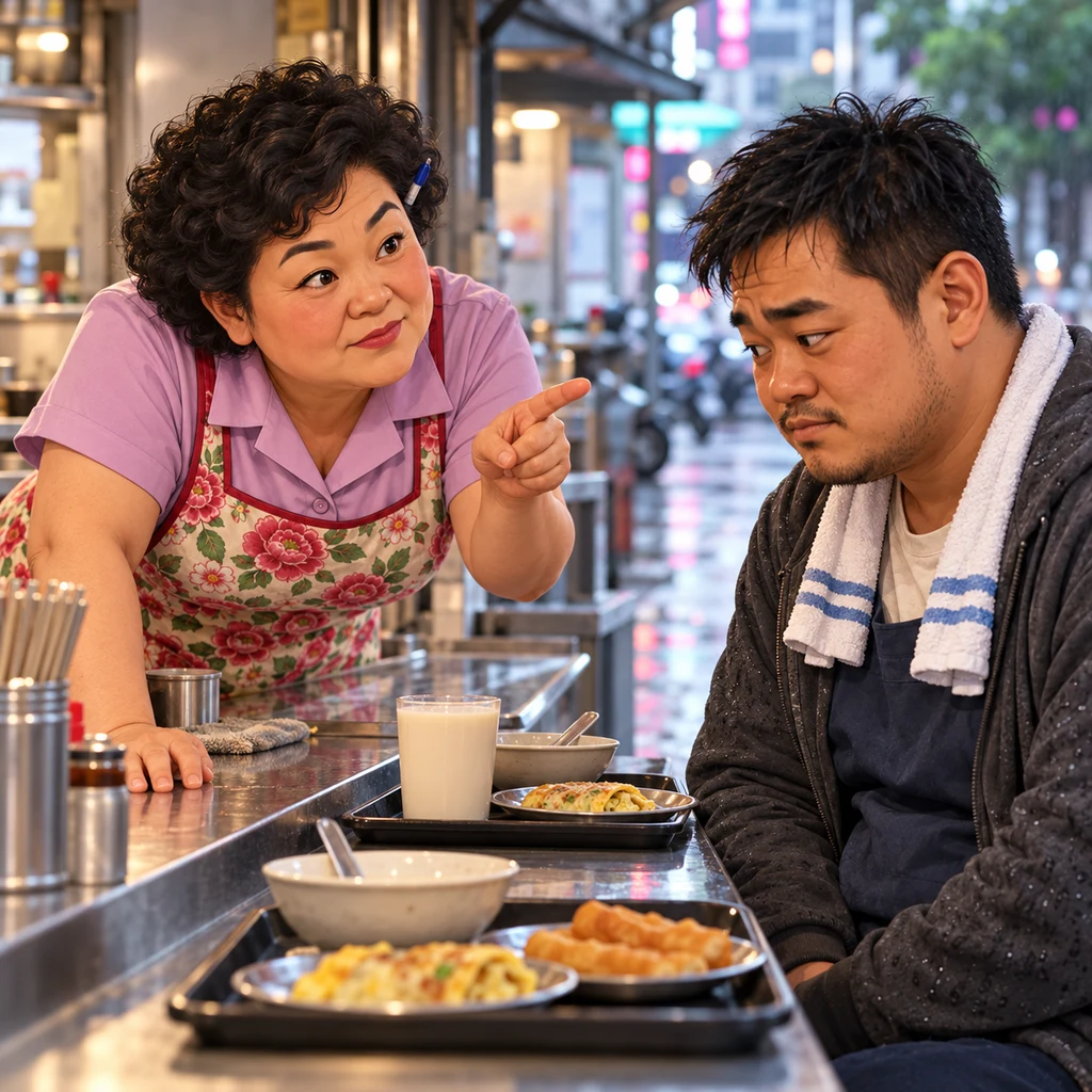 Auntie Lin leans across the counter toward A-Jie with a firm, corrective look that he has been tricked.