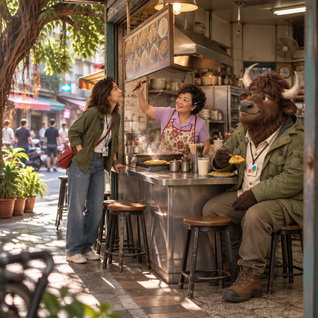 Late morning at Banyan Breakfast, with Maya leaning toward a hanging board, Auntie Lin at the counter with a marker, and A-Li spanning a pair of stools with egg pancake and soy milk.