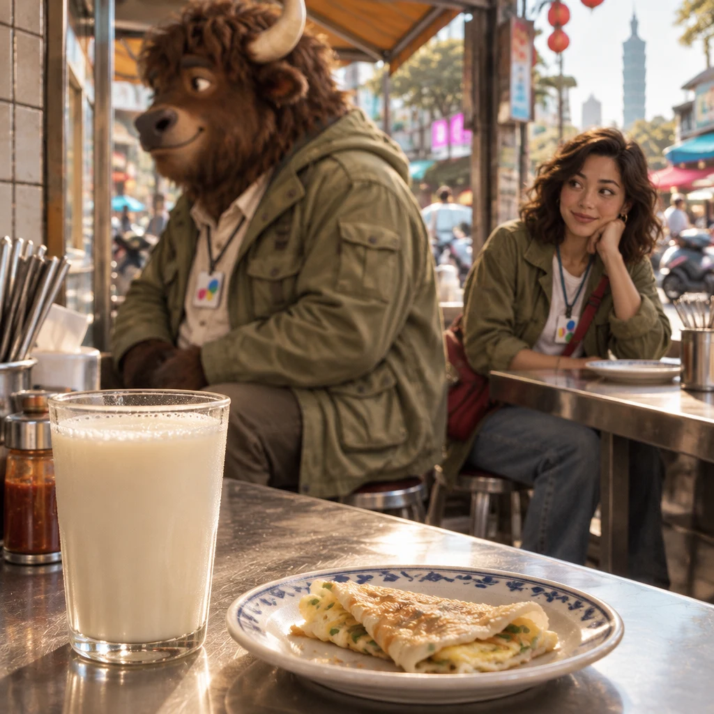 A-Li sits spanning stools before a still-full soy milk and leftover pancake, unable to finish, while Maya glances over from another stool.