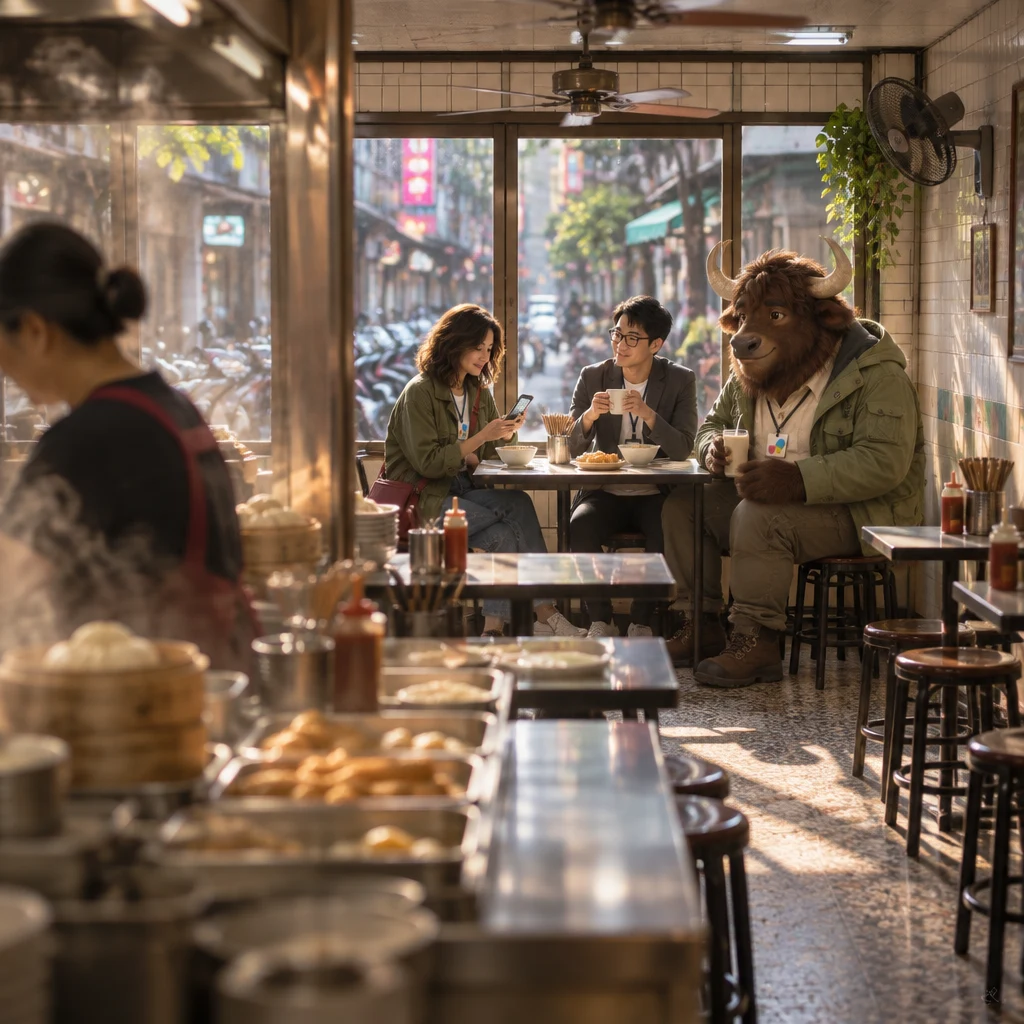 Maya, Zhi-Ming, and A-Li share a morning table at the breakfast shop, her phone open to a blurred chat while soy milk sits unfinished.