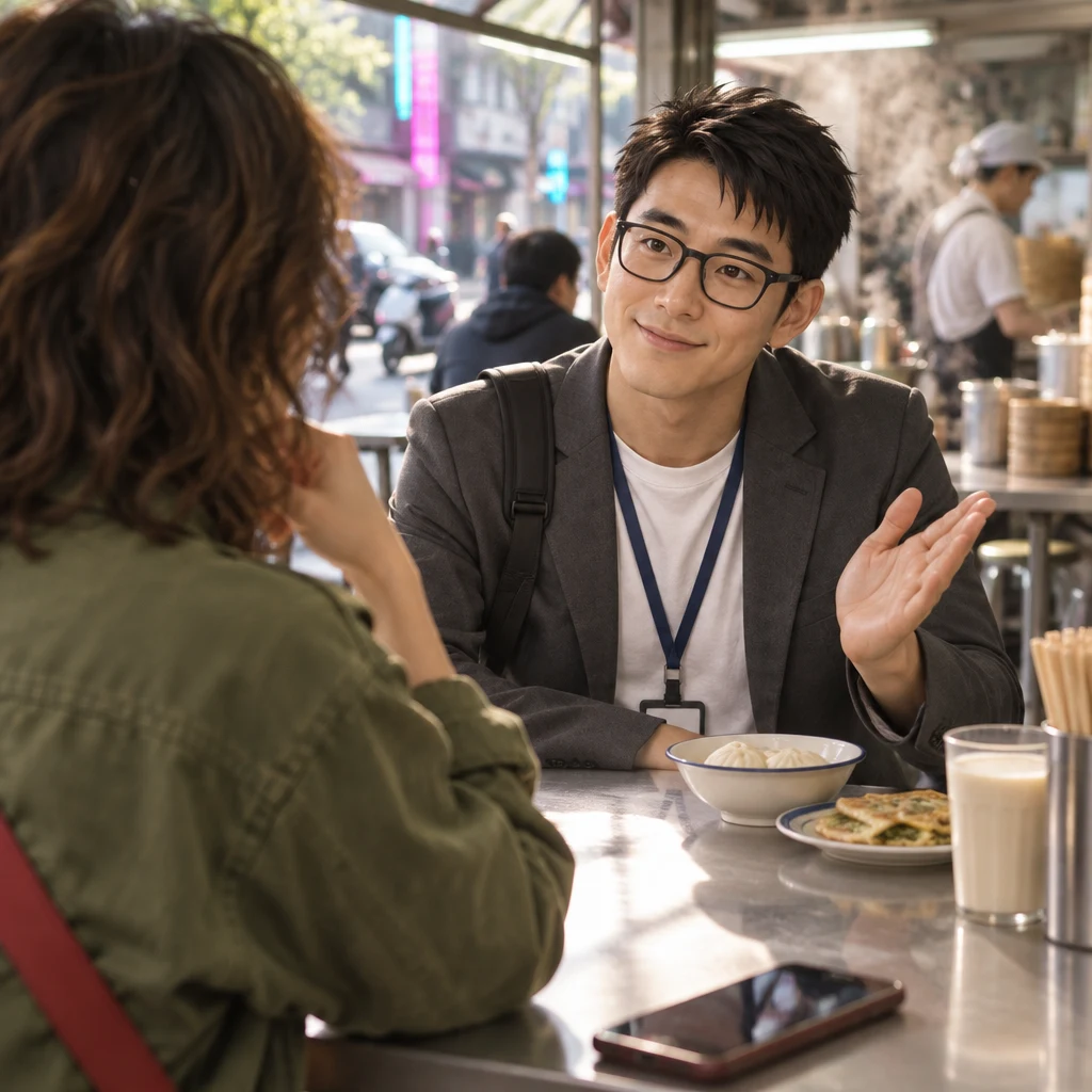 Zhi-Ming gently turns one palm aside at the breakfast table while Maya listens from the other side.