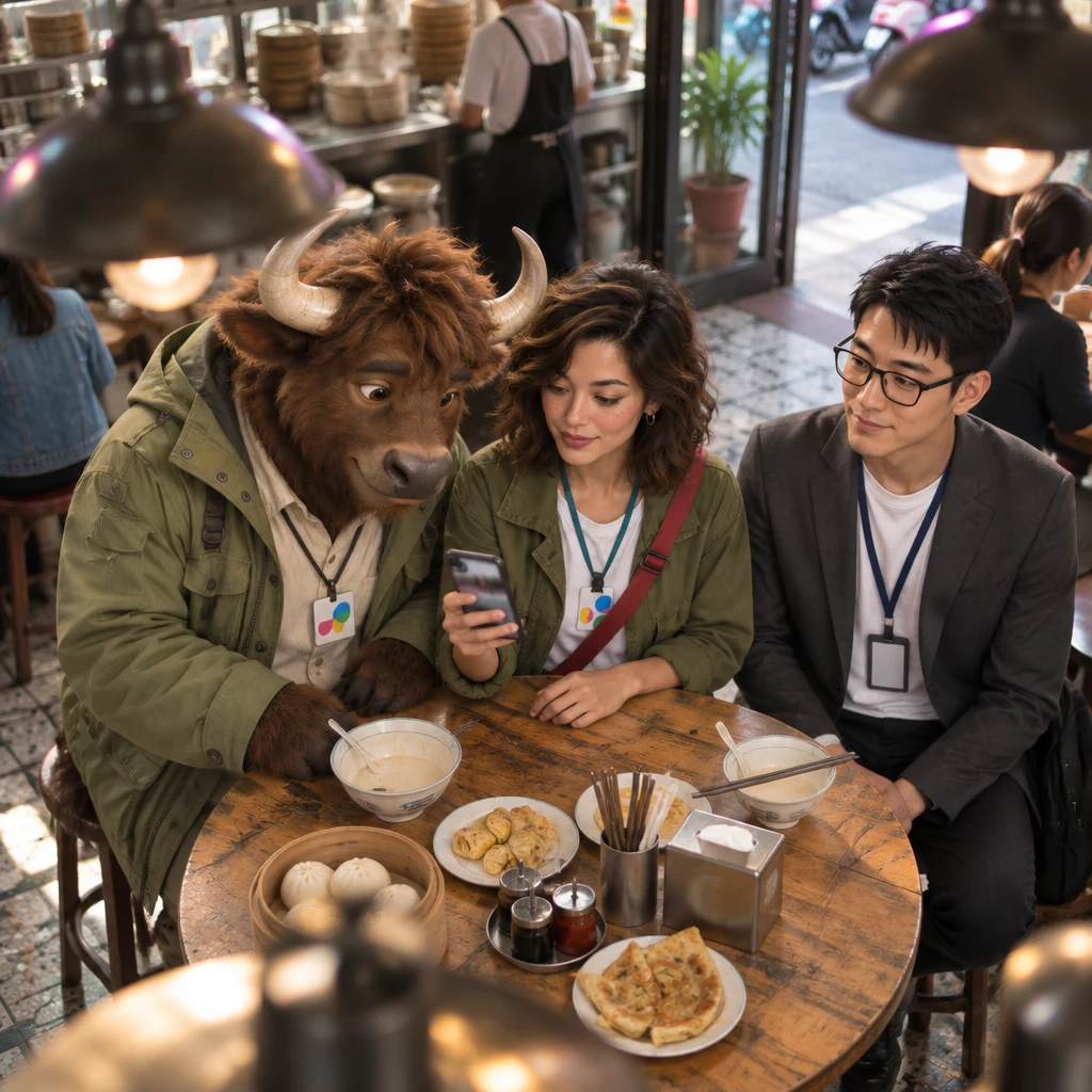A-Li leans from a pair of stools toward Maya's blurred phone while Maya and Zhi-Ming stay still in different poses.