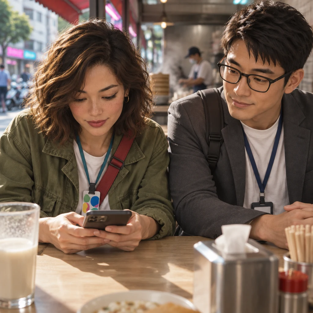 Maya hunches over her phone with both thumbs to double-check the chat while Zhi-Ming's hands wait still.