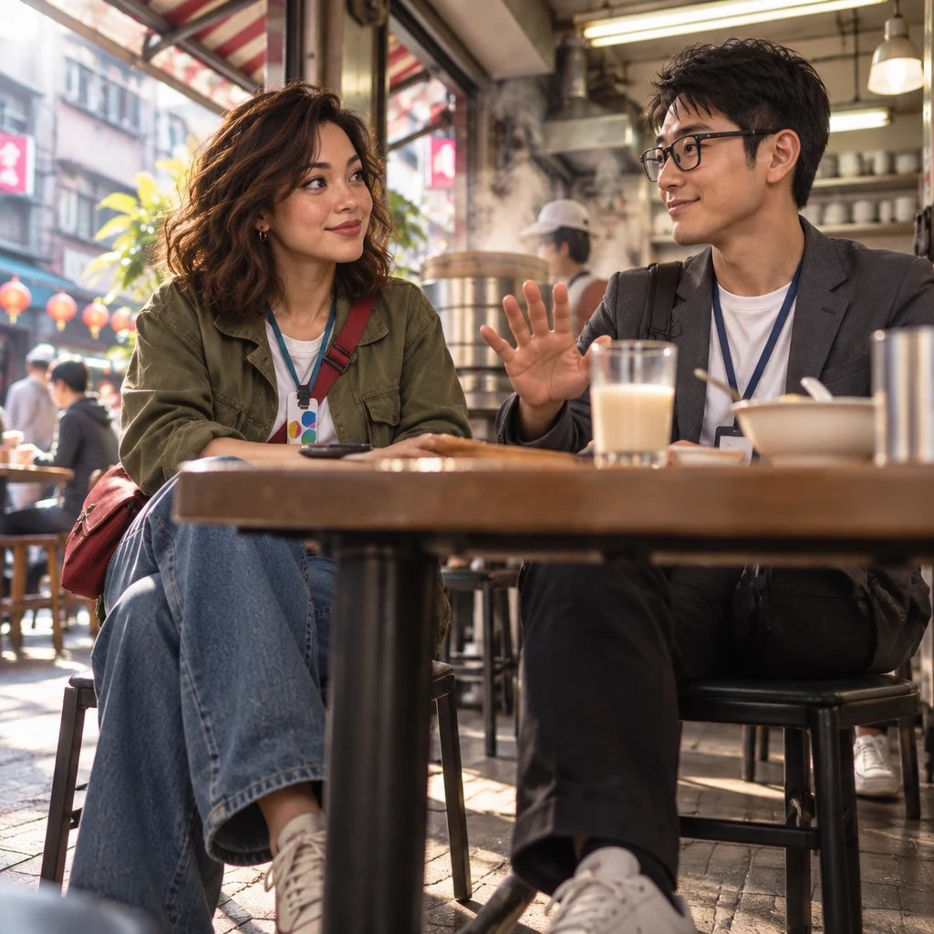 Zhi-Ming eases back with an open palm of reassurance while Maya looks across the table, the mix-up settled.
