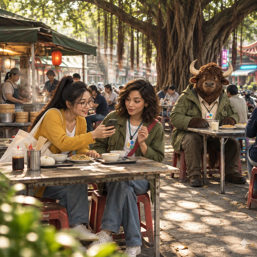 Yi-Jun leans across a breakfast tray to restart a story while Maya sits opposite and A-Li the yak at a back table leaves soy milk untouched.