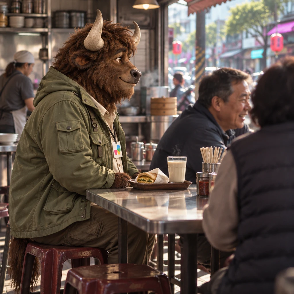 A-Li the yak sits on a pair of stools at a back breakfast table and looks toward the front, soy milk still full.