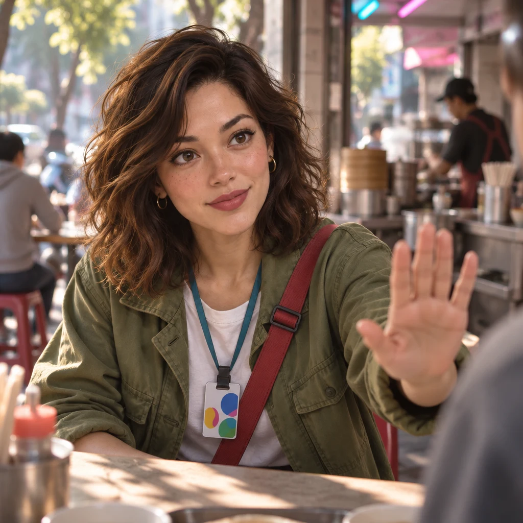 Maya leans forward with one hand raised in a correcting stop, rejecting this version of events.