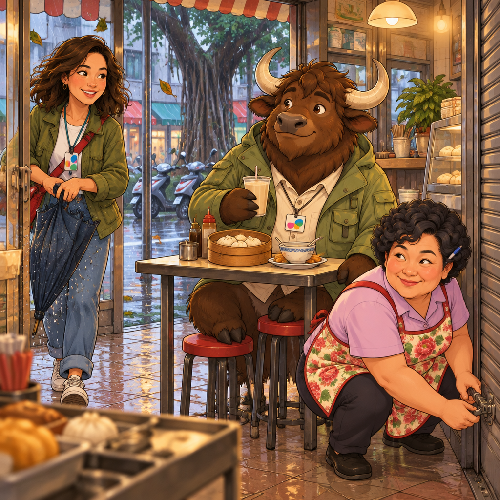 Maya steps into the breakfast shop from the rain as Auntie Lin checks the shutters and A-Li waits beside his soy milk.