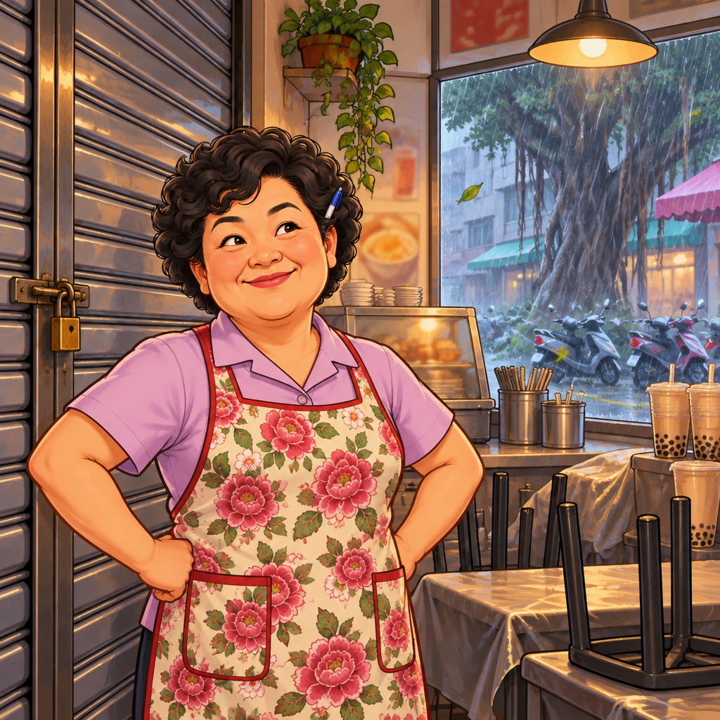 Auntie Lin stands confidently inside the closed breakfast shop, showing that nobody needs to go to work in the typhoon.