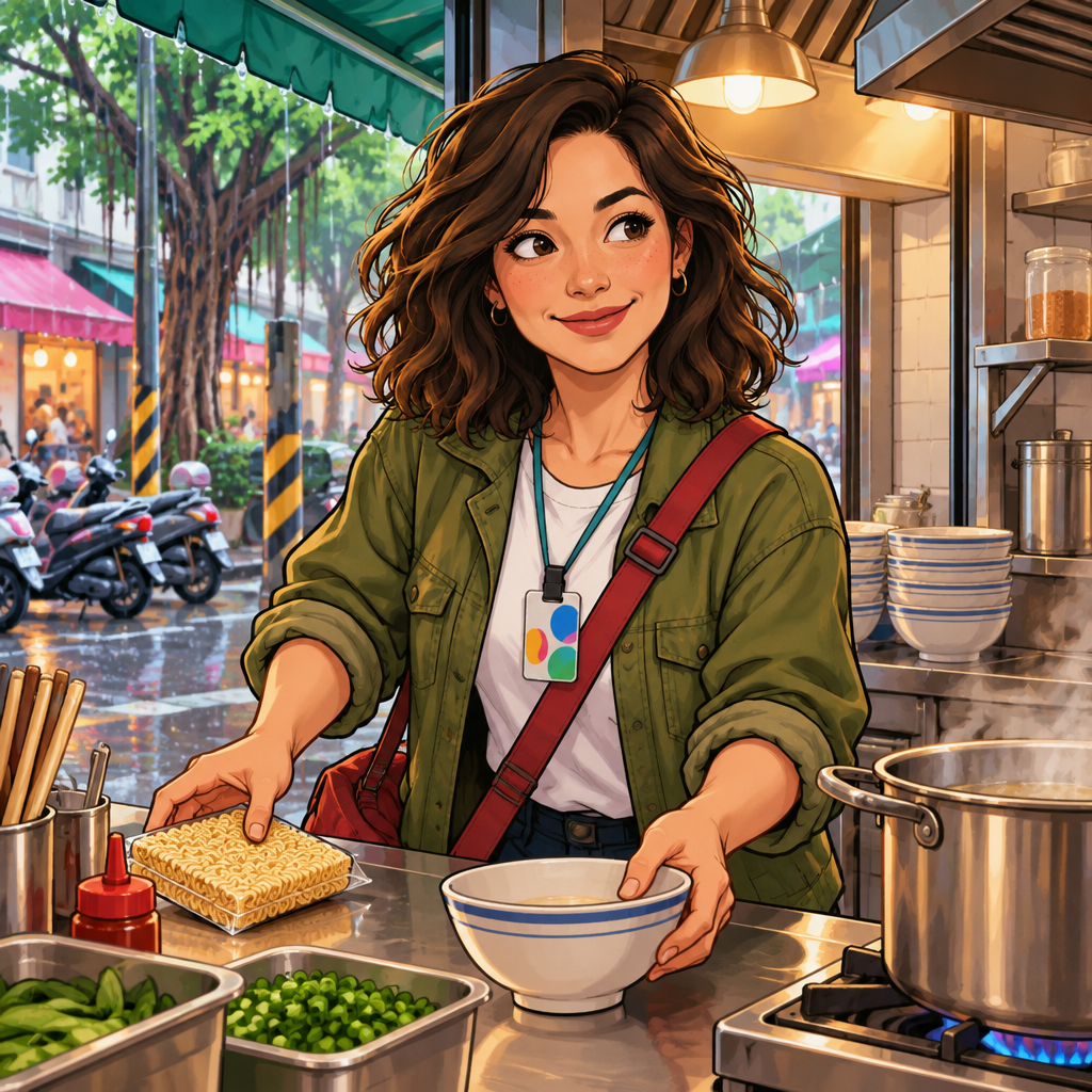 Maya cheerfully proposes making instant noodles and gathers what they need.