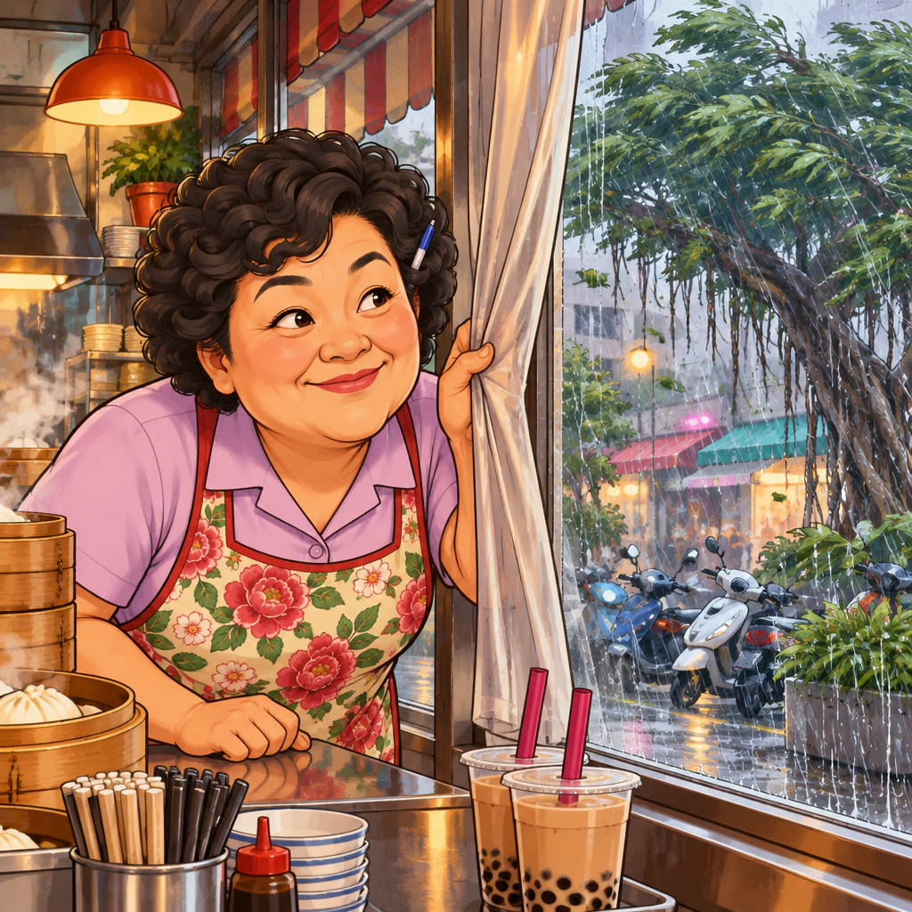 Auntie Lin reacts to the powerful wind outside the breakfast-shop window.