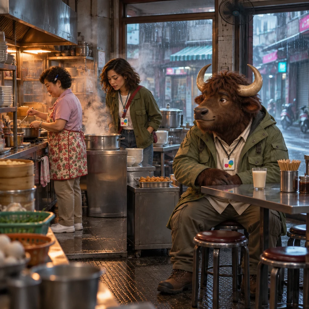 In a typhoon-dark breakfast-shop kitchen, Auntie Lin commands the stove while Maya hovers by a steaming pot and A-Li sits on a pair of stools with unfinished soy milk.