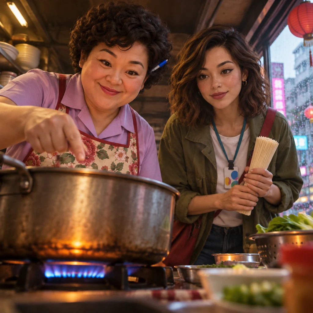 Auntie Lin works the stove flame under a pot of water just beginning to tremble while Maya waits beside her with dry noodles.