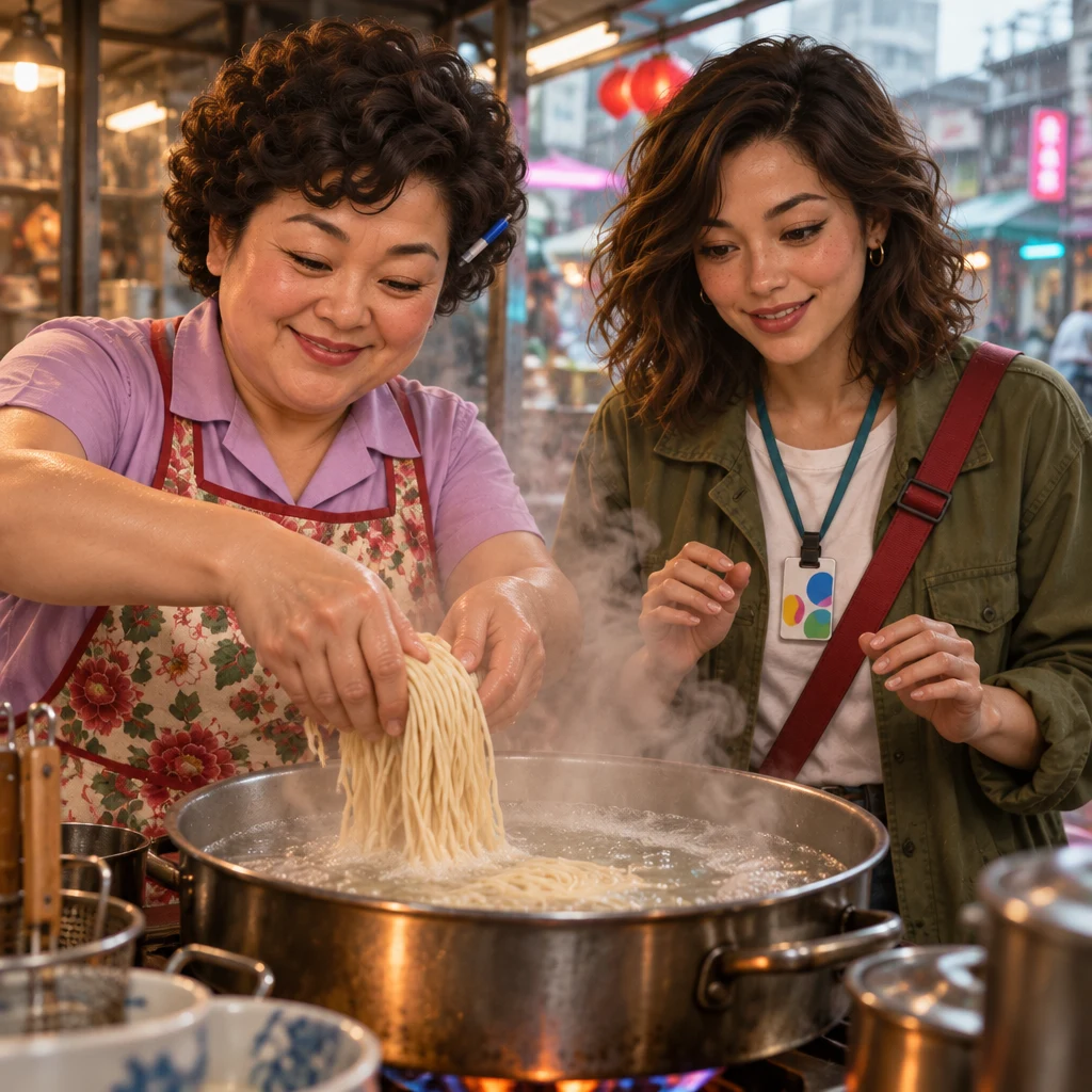 Auntie Lin guides a bundle of noodles down into the rolling pot while Maya steps back with empty hands.