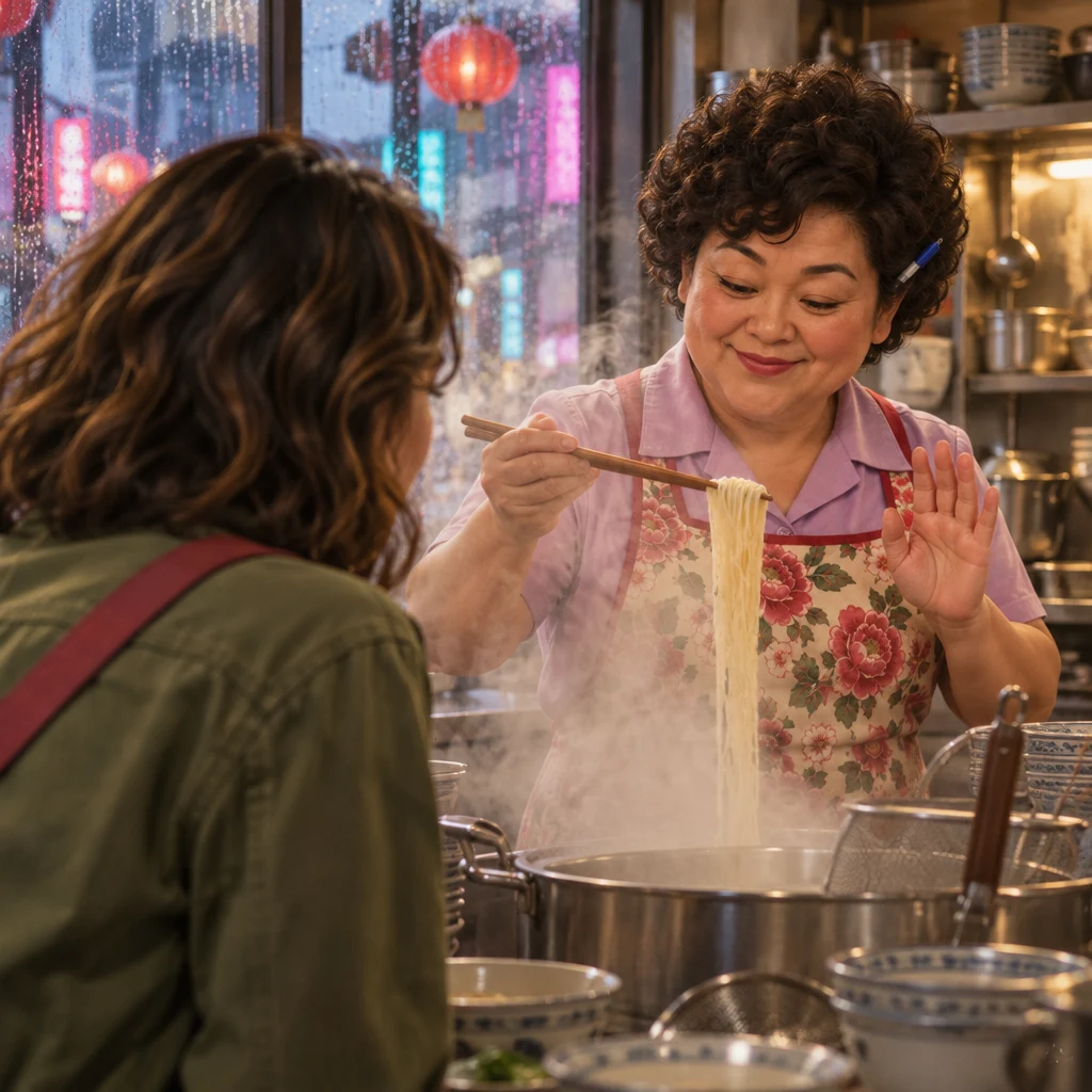 From behind Maya, Auntie Lin lifts a few noodle strands from the steam and gives a calm enough-is-enough hand.