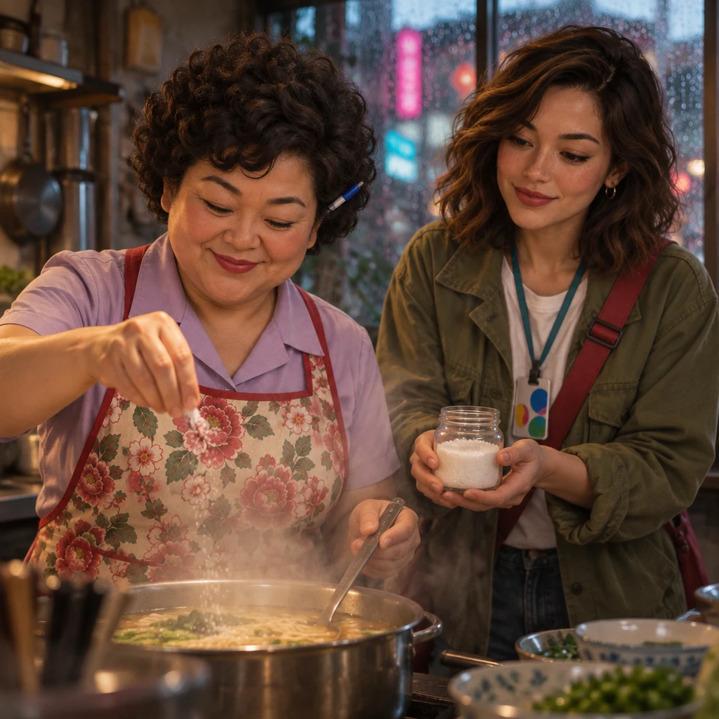 Auntie Lin pinches a little salt into the pot while Maya holds the salt jar with both cautious hands.