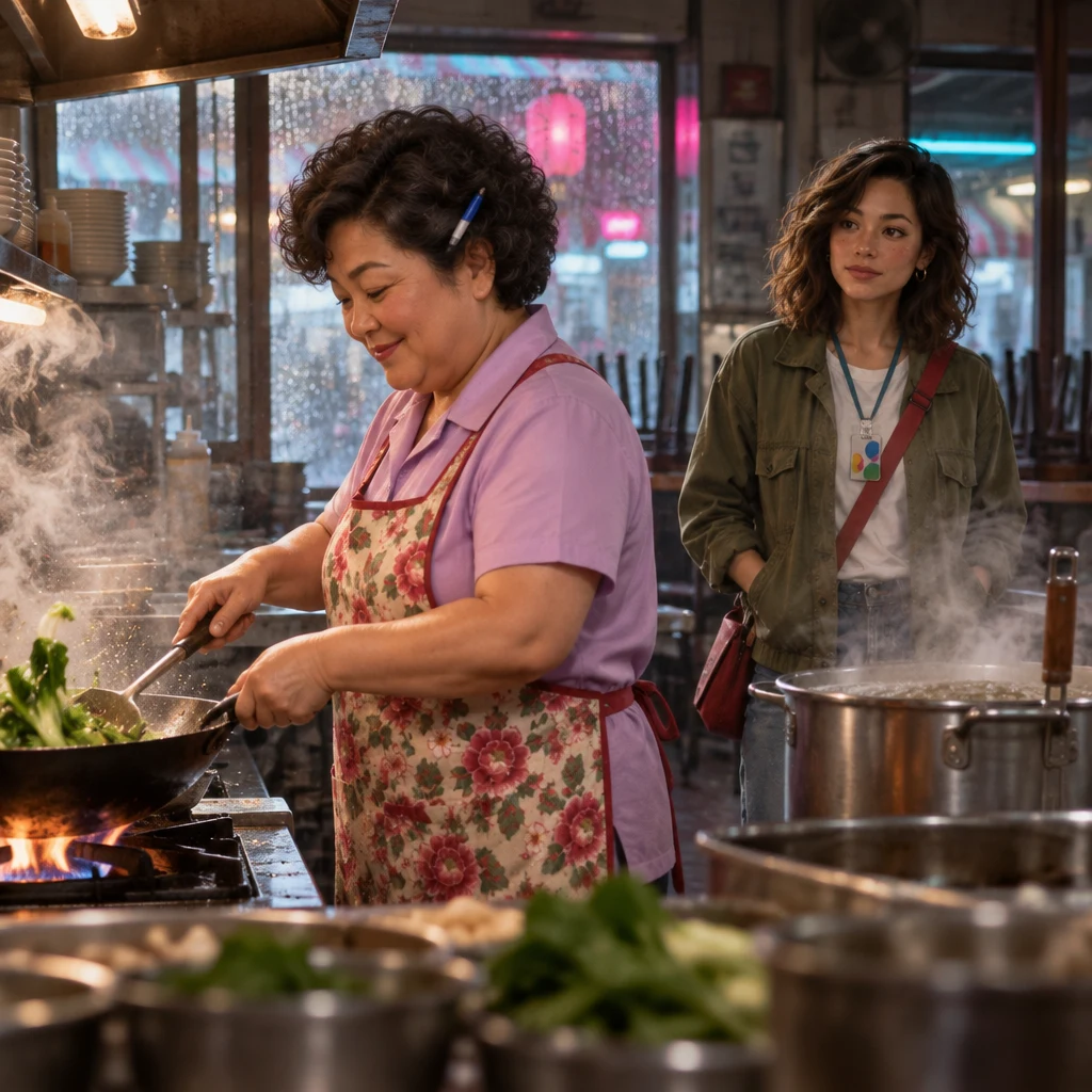 Auntie Lin tosses greens in a wok until they wilt while Maya still stands lost beside the soup pot.