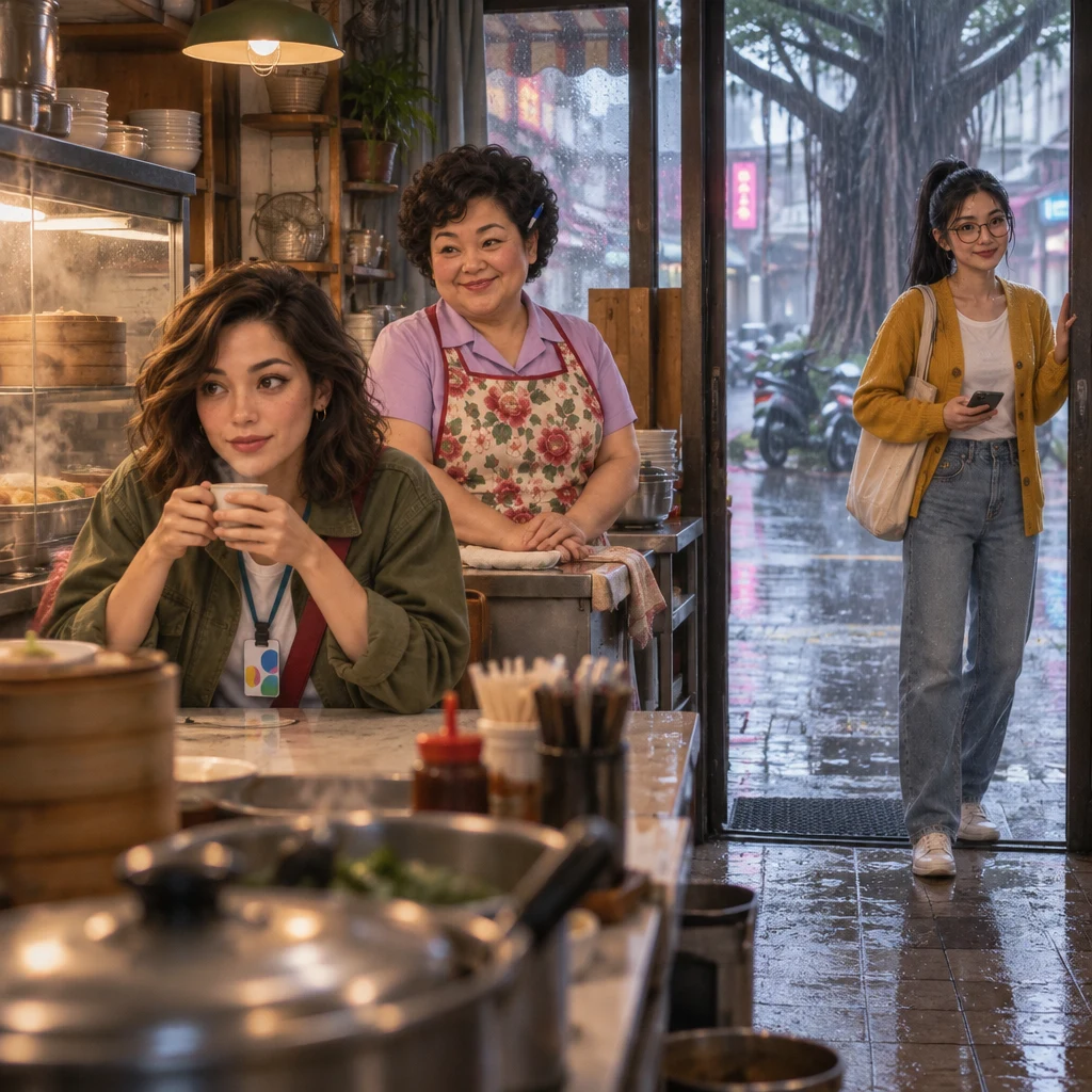 After the typhoon, Maya sits quiet at the counter of the banyan breakfast shop while Auntie Lin watches and Yi-Jun pauses just inside from the rain.