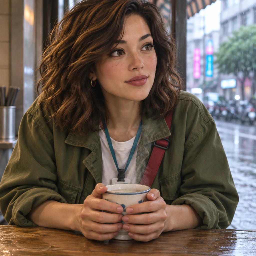 Maya sits alone at the counter with both hands locked around a warm cup as the week's stress stays in the grip.