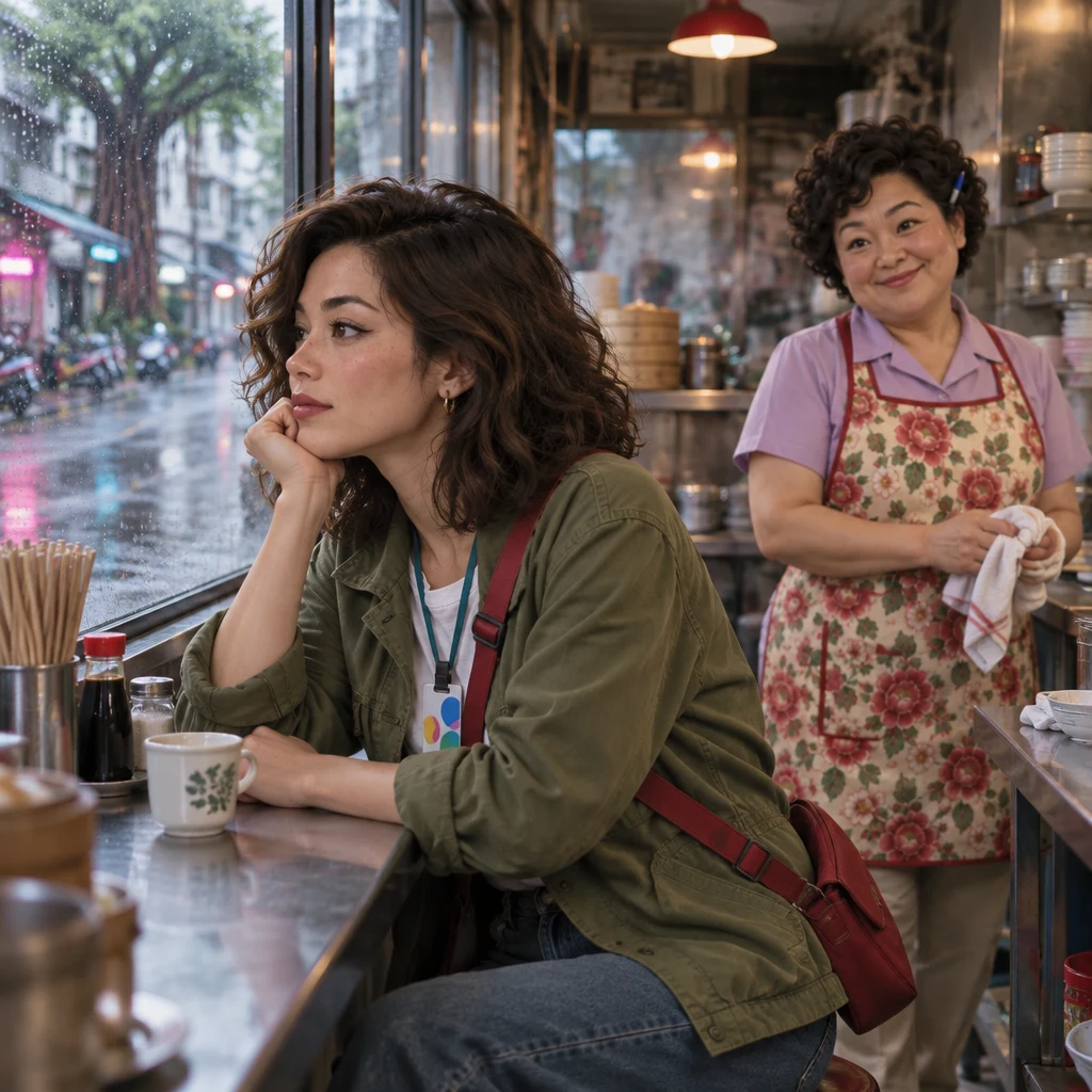 Maya sits in profile toward the rainy street with a cheek on a fist while Auntie Lin watches from behind the counter.