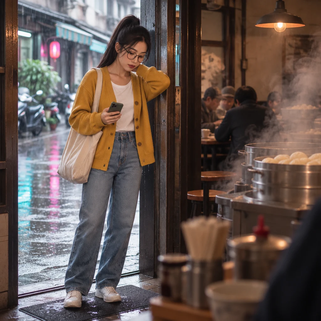 Yi-Jun pauses just inside the shop doorway after a long meeting, weight on the doorframe, rubbing the back of the neck.