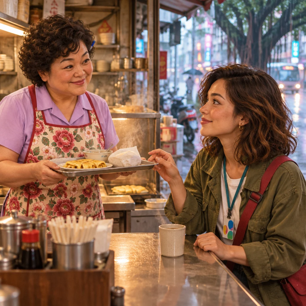 Auntie Lin holds a breakfast tray to the chest across the counter from Maya, who sits up as a happy thought of a trip arrives.